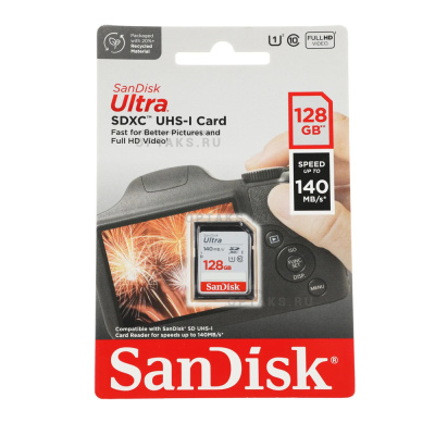 Карта памяти SD 128Gb SanDisk, Ultra, Class10 UHS-I U1, R/W 140MB/s